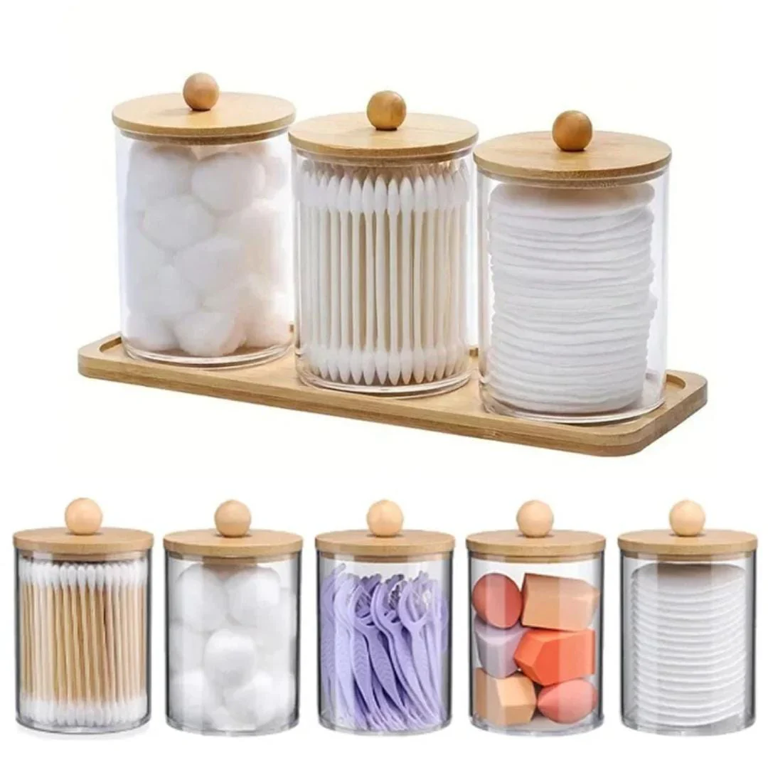 3pcs set acrylic swab storage organizer with Bamboo holder - Image 4