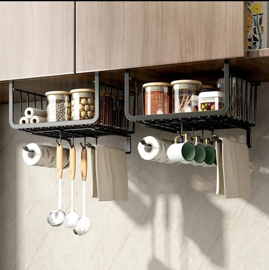 4 in 1 Metallic Under Shelf Paper Towel Rack with Hooks - Image 3