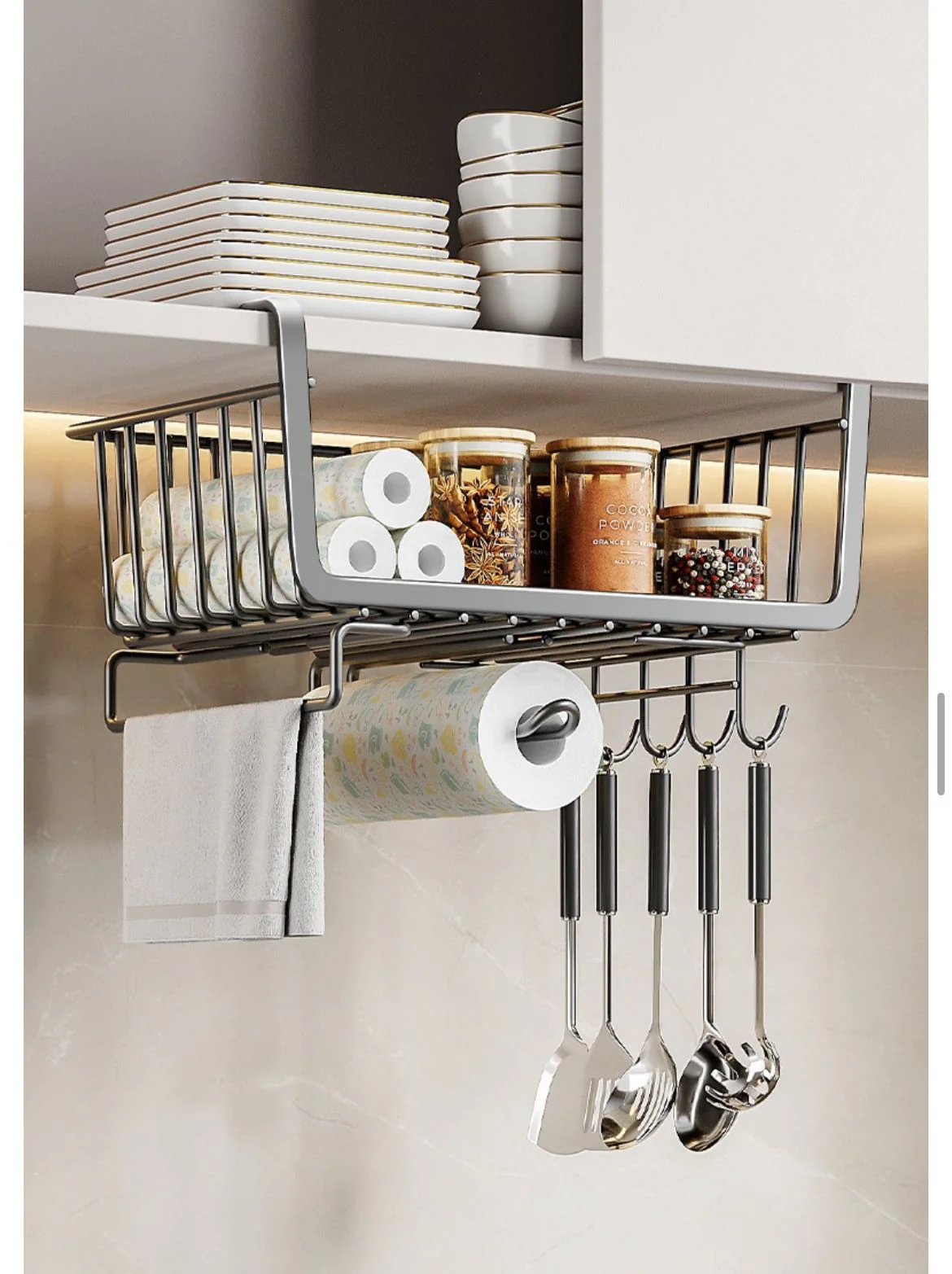 4 in 1 Metallic Under Shelf Paper Towel Rack with Hooks - Image 4