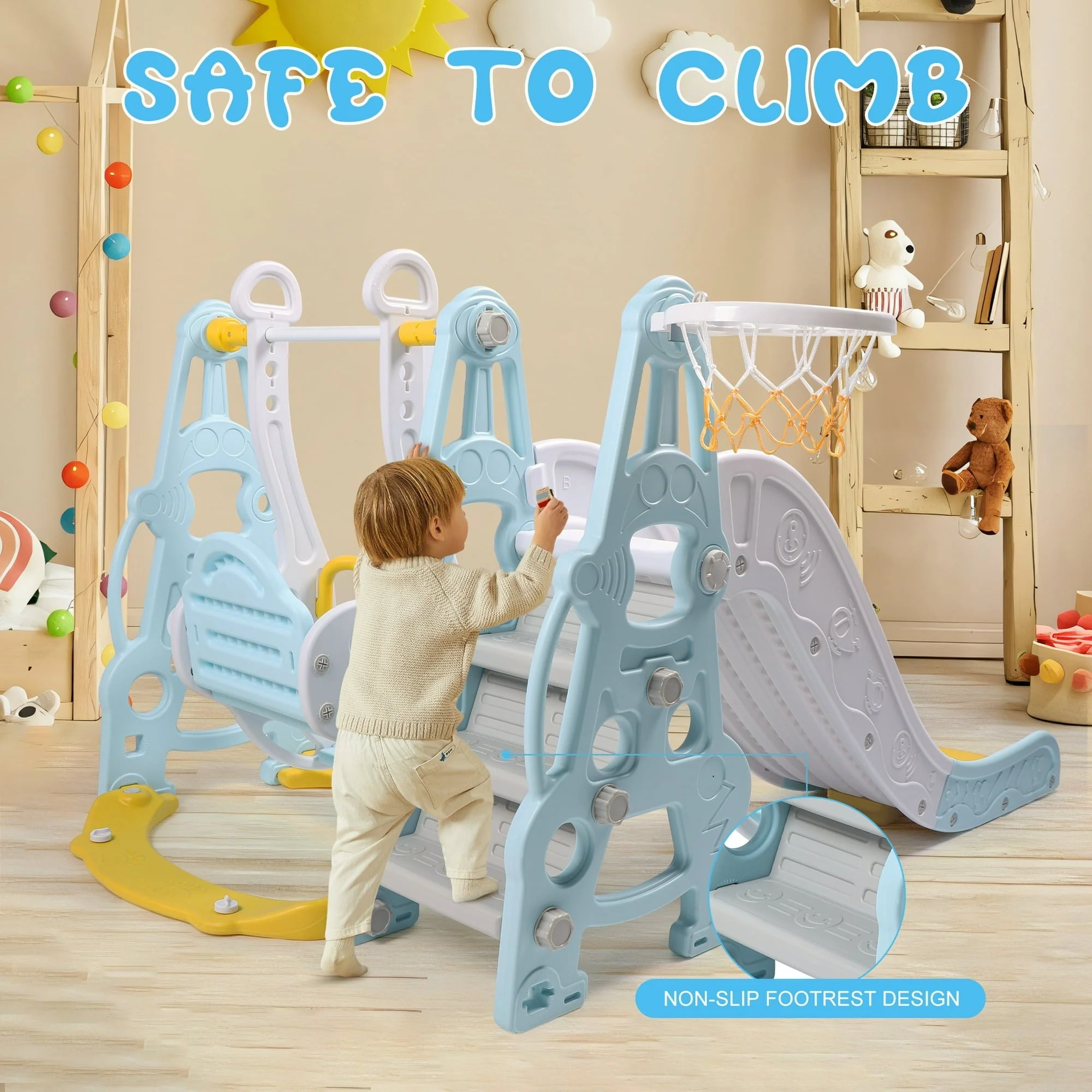 4-in-1 Toddler Playground Set Swing, Slide, Climber, and Basketball Hoop  Backyard and Indoor Playset for Boys and Girls,Easy to Assemble Blue Play Equipment for Kids - Image 2