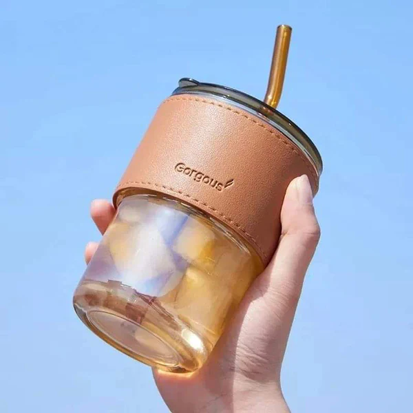 450ml Glass Summer Cup with Leather Cover - Image 2