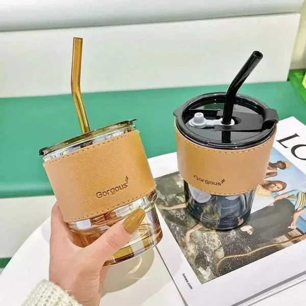 450ml Glass Summer Cup with Leather Cover - Image 3