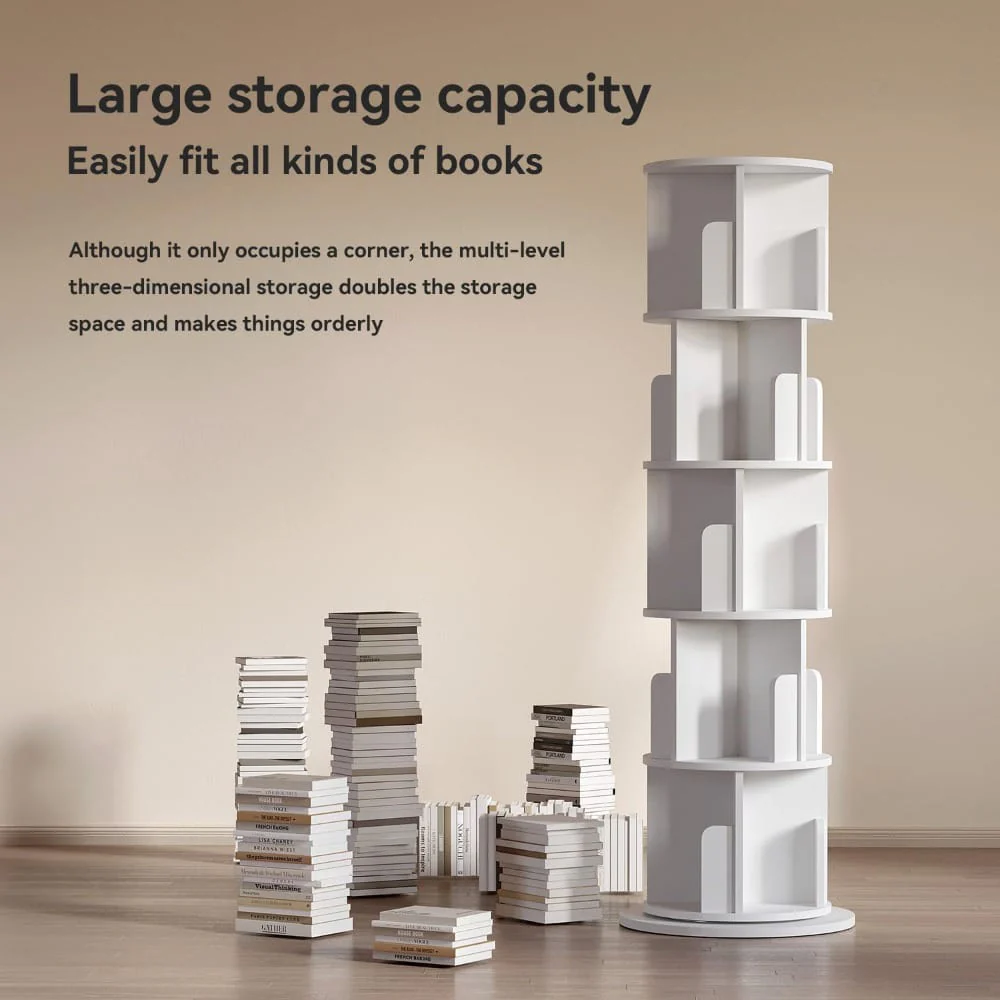 5-Tier 360° Rotating Bookshelf Organizer with Wheels - Image 2