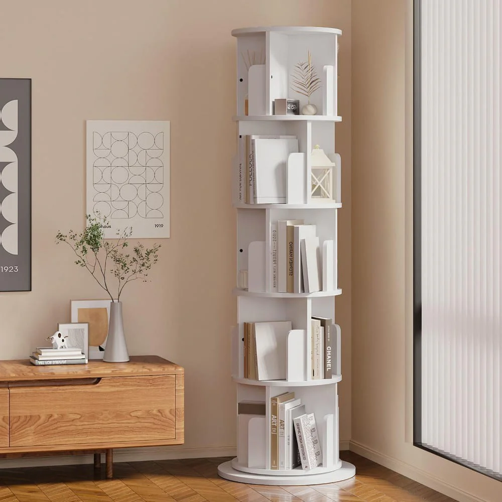 5-Tier 360° Rotating Bookshelf Organizer with Wheels - Image 3