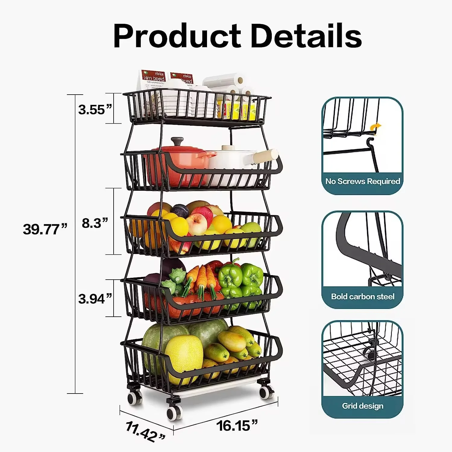 5-Tire Fruit and Vegetable Storage Rack, Metal Wire Storage Basket for Kitchen - Image 3