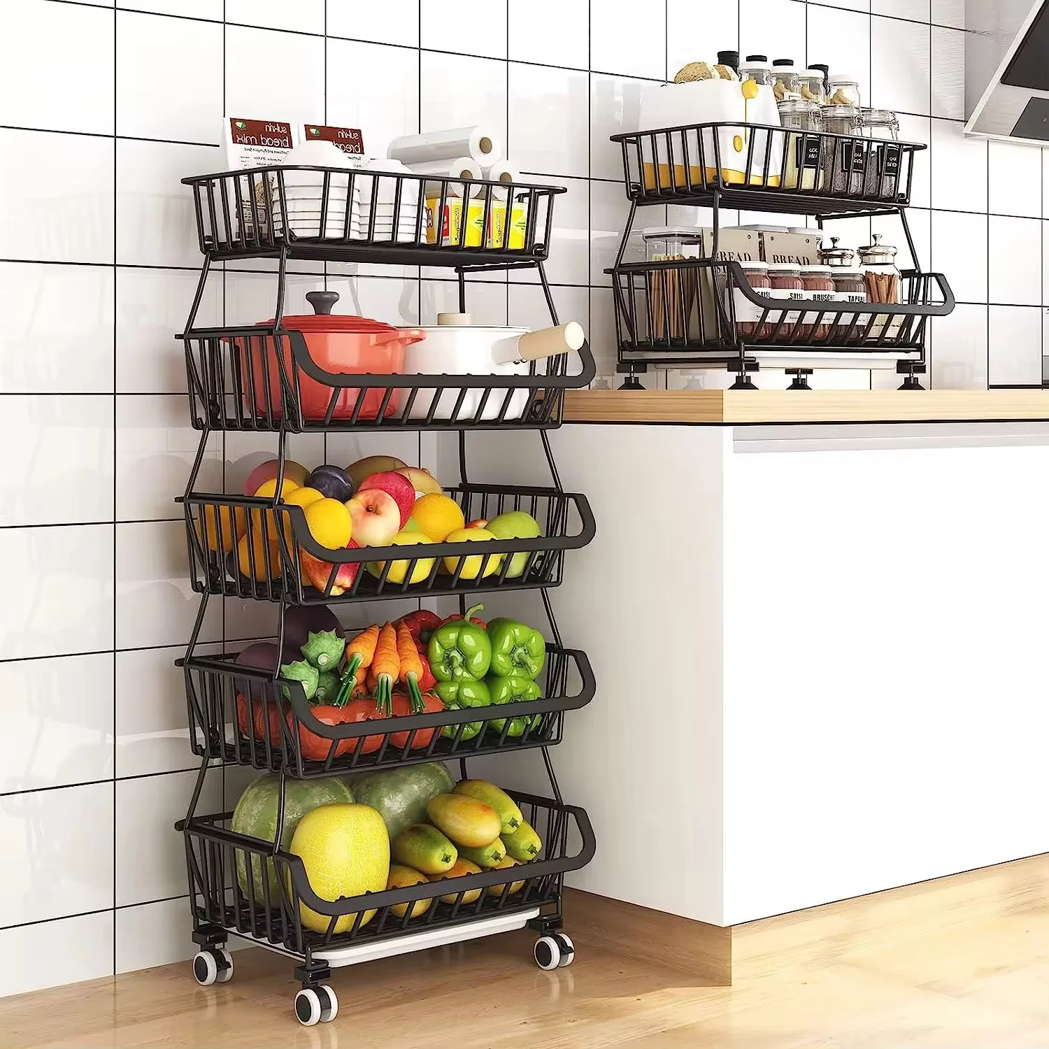 5-Tire Fruit and Vegetable Storage Rack, Metal Wire Storage Basket for Kitchen - Image 4