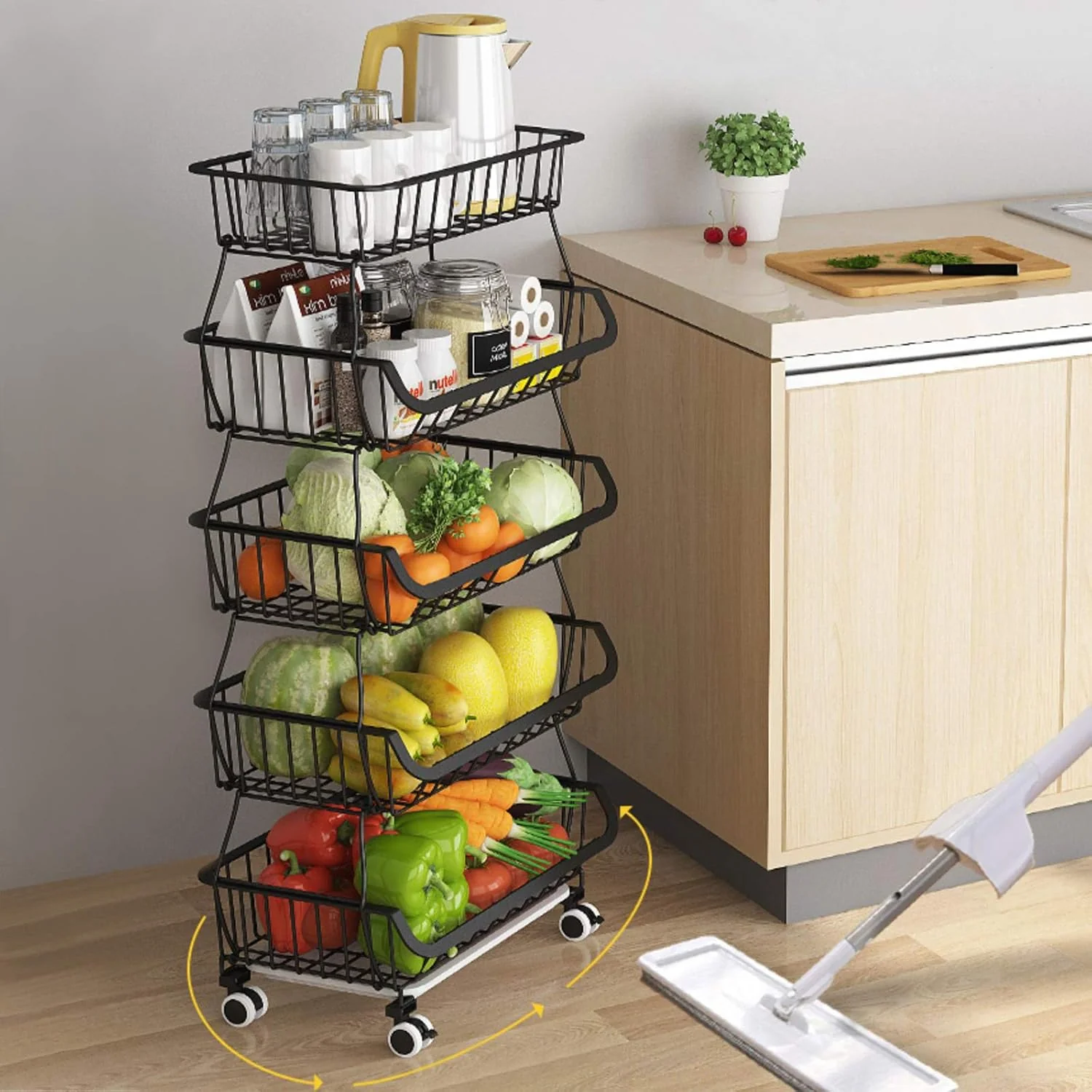 5-Tire Fruit and Vegetable Storage Rack, Metal Wire Storage Basket for Kitchen - Image 6