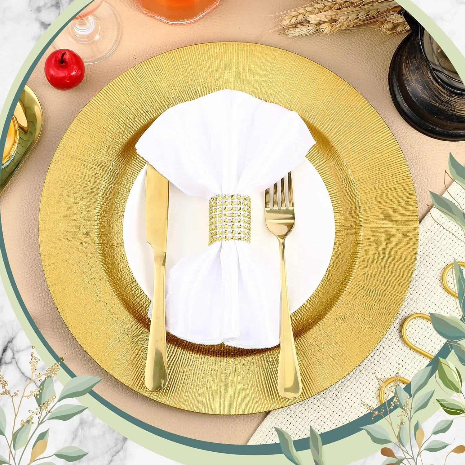 6 Pack Gold Charger Plates for Dinner Plates, 13" Round Plastic Chain Shaped Charger Service Plates, Decorative Chargers Bulk for Table Setting, Wedding, Party, Event - Image 3