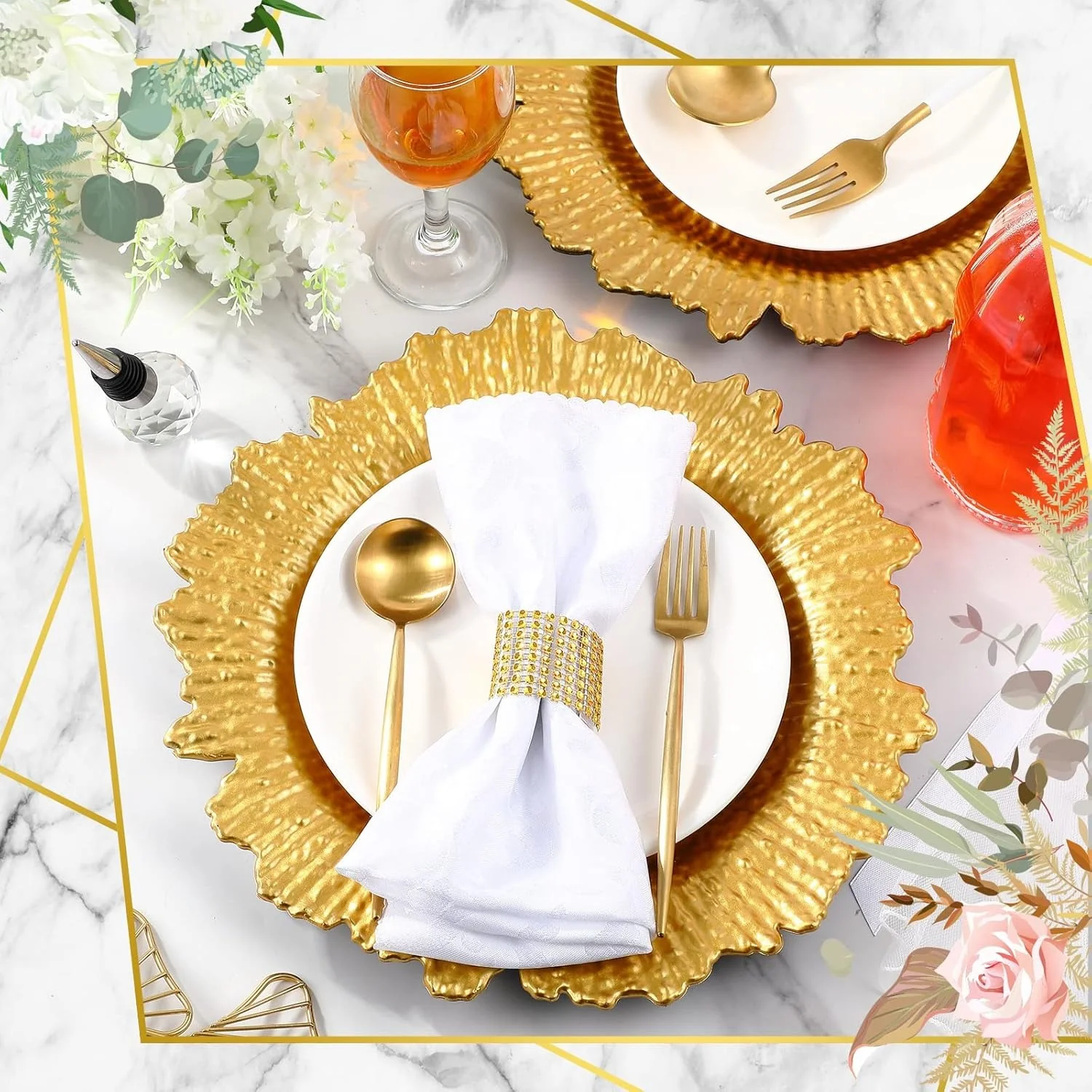 6 Pack Gold Charger Plates for Dinner Plates, 13" Round Plastic Chain Shaped Charger Service Plates, Decorative Chargers Bulk for Table Setting, Wedding, Party, Event - Image 4