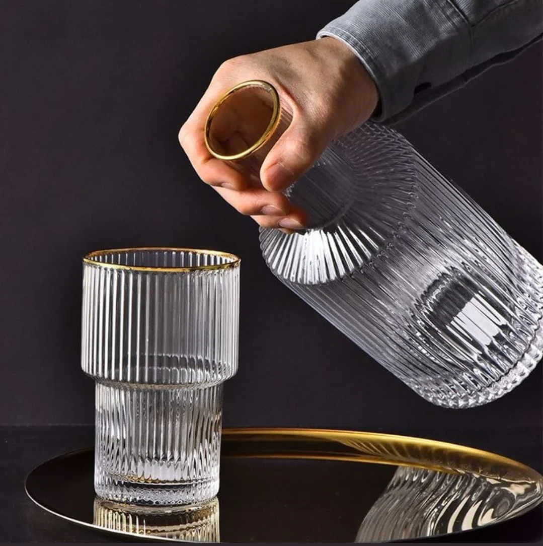 6Pc Ribbed glasses with gold rim  and decanter - Image 2