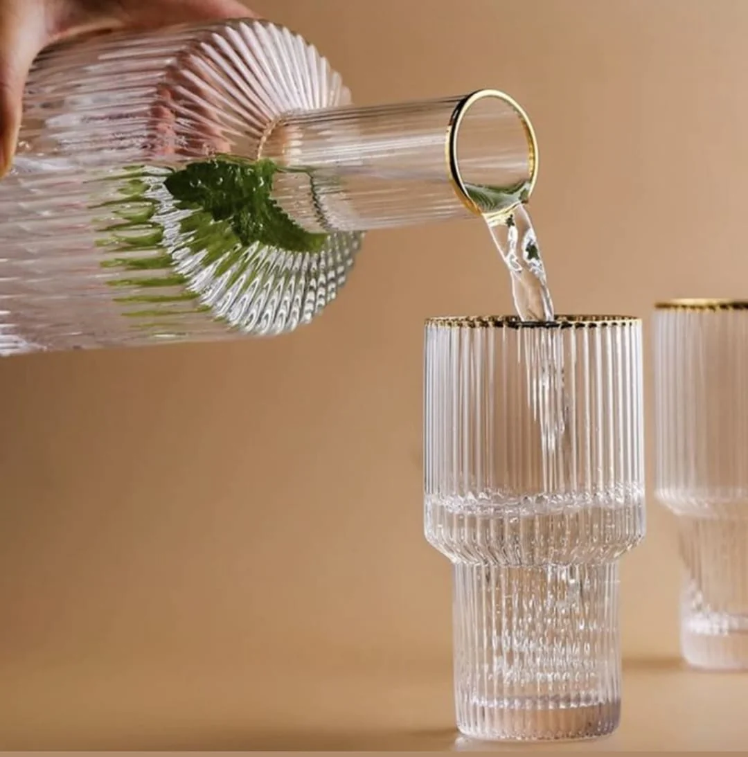 6Pc Ribbed glasses with gold rim  and decanter - Image 4