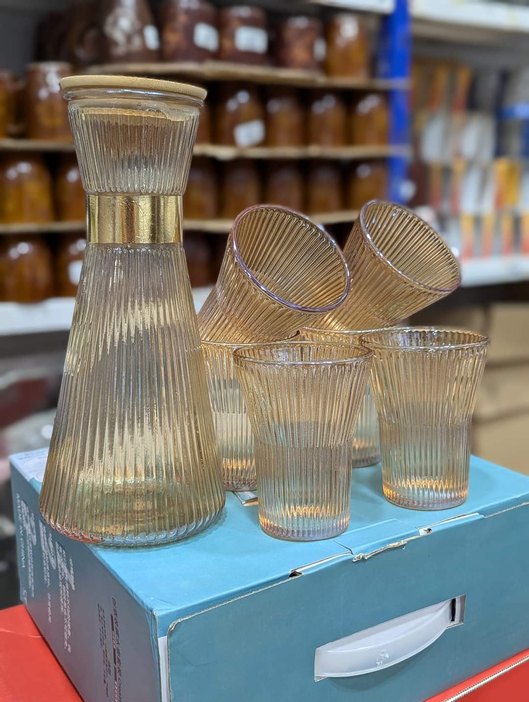 7 Pcs Set Quality Ribbed Flute Shaped Carafe Glass set - Image 2
