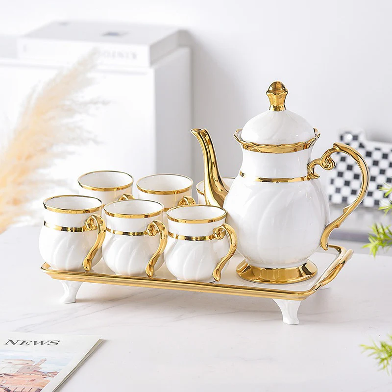 8 Pcs Gold Rim Porcelain Tea Cup Set with Teapot and Serving Tray Ceramic Coffee and Tea Set - Image 2