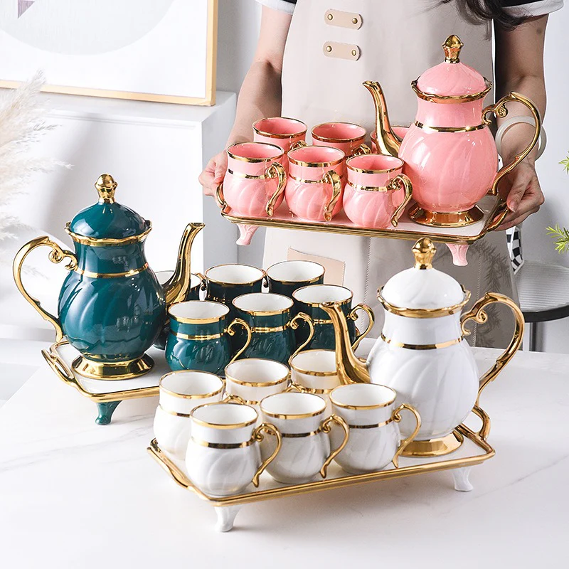 8 Pcs Gold Rim Porcelain Tea Cup Set with Teapot and Serving Tray Ceramic Coffee and Tea Set - Image 3