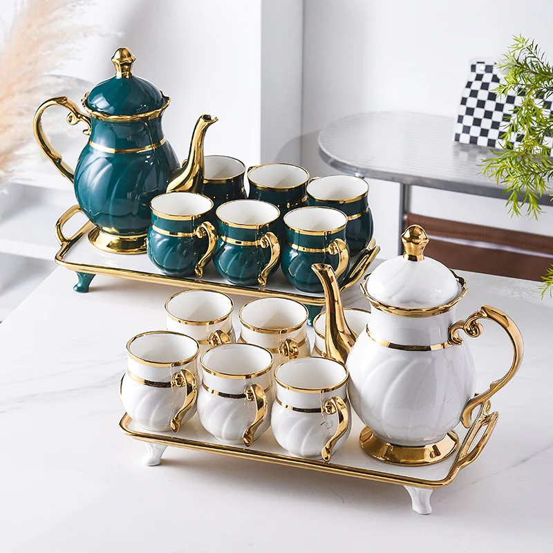 8 Pcs Gold Rim Porcelain Tea Cup Set with Teapot and Serving Tray Ceramic Coffee and Tea Set - Image 4