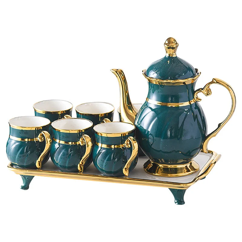 8 Pcs Gold Rim Porcelain Tea Cup Set with Teapot and Serving Tray Ceramic Coffee and Tea Set - Image 5