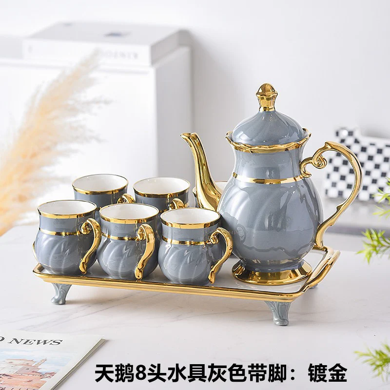 8 Pcs Gold Rim Porcelain Tea Cup Set with Teapot and Serving Tray Ceramic Coffee and Tea Set - Image 6