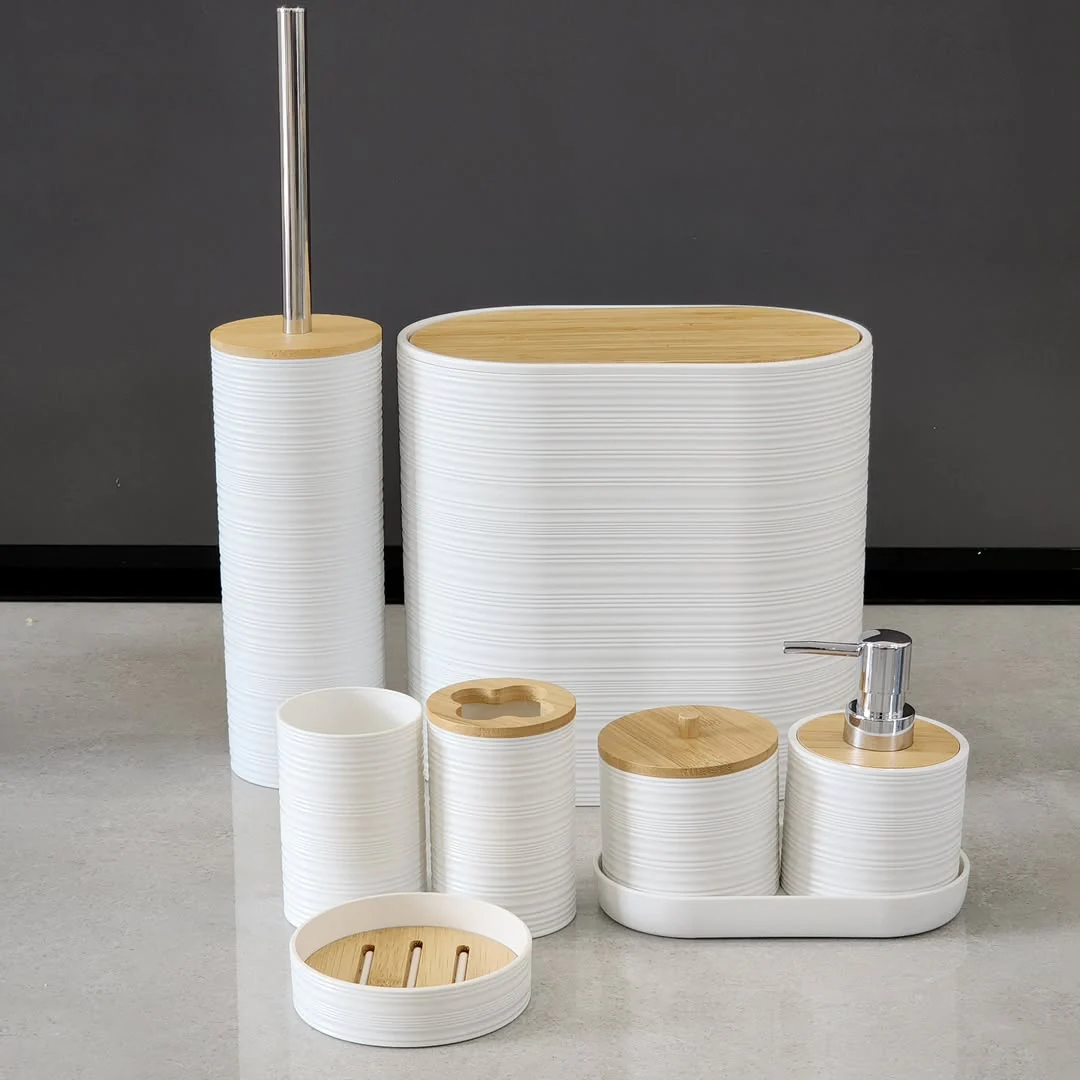 8-Piece Luxury Bamboo Plastic Bathroom Accessories Set Trash Can, Soap Dispenser, Toothbrush Holder & More - Image 3