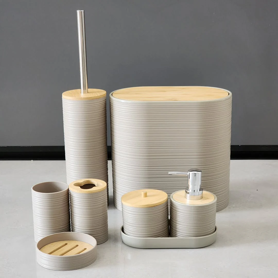 8-Piece Luxury Bamboo Plastic Bathroom Accessories Set Trash Can, Soap Dispenser, Toothbrush Holder & More - Image 4