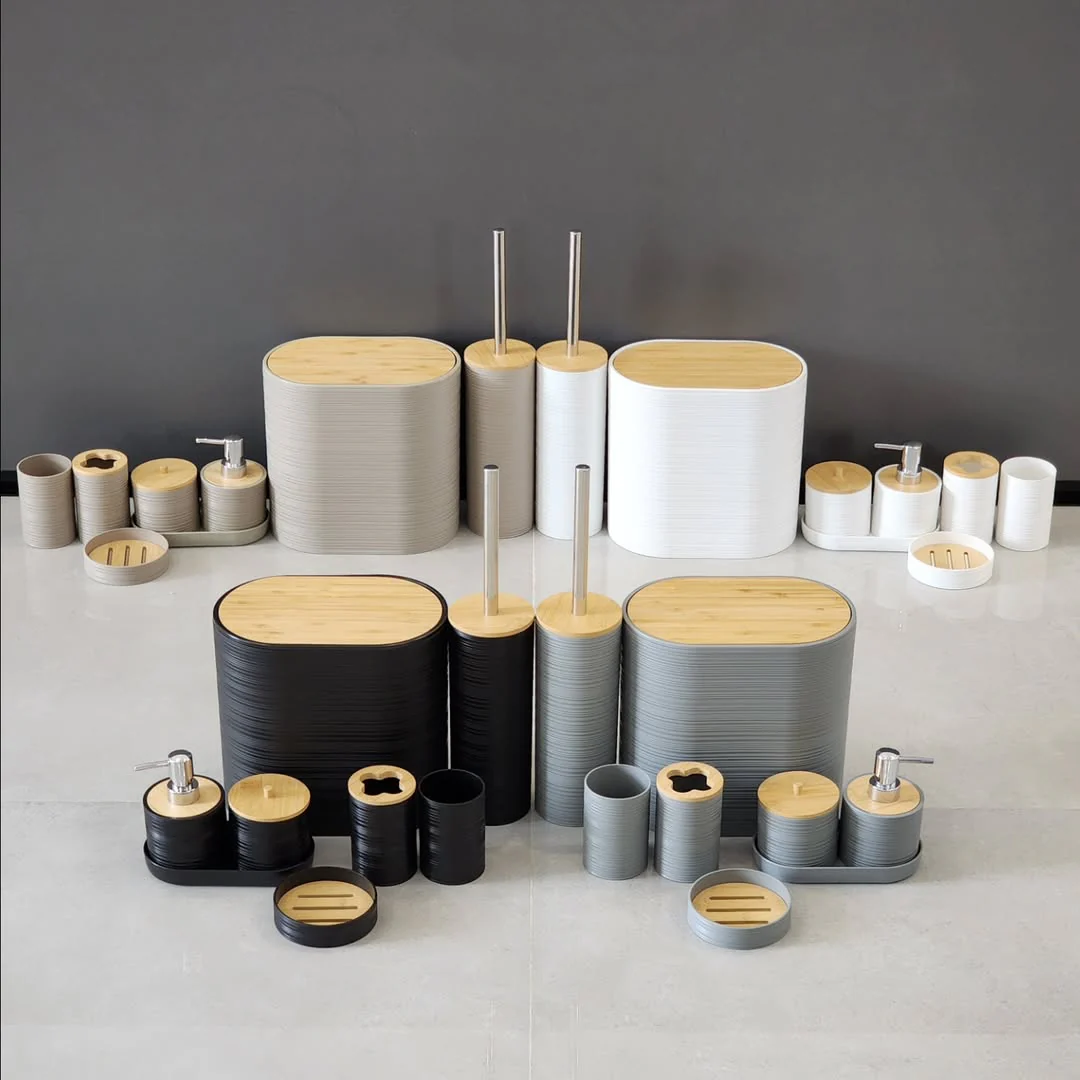 8-Piece Luxury Bamboo Plastic Bathroom Accessories Set Trash Can, Soap Dispenser, Toothbrush Holder & More - Image 5
