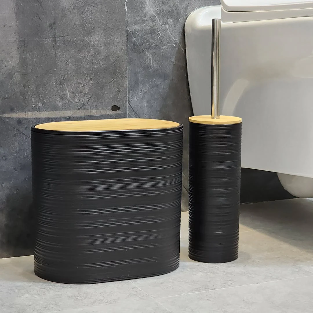8-Piece Luxury Bamboo Plastic Bathroom Accessories Set Trash Can, Soap Dispenser, Toothbrush Holder & More - Image 6