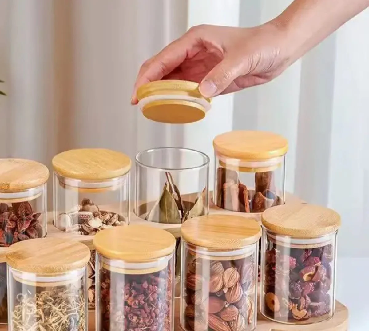 8pcs Borosilicate Glass Spice Jar Set with Bamboo Lid & Rack 300ml - Image 2