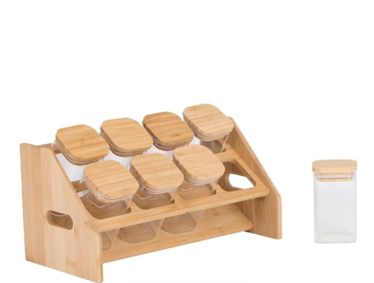 8pcs Square Borosilicate Glass Spice Jar Set – 300ml with Bamboo Lids, Rack, Labels & Pen - Image 2