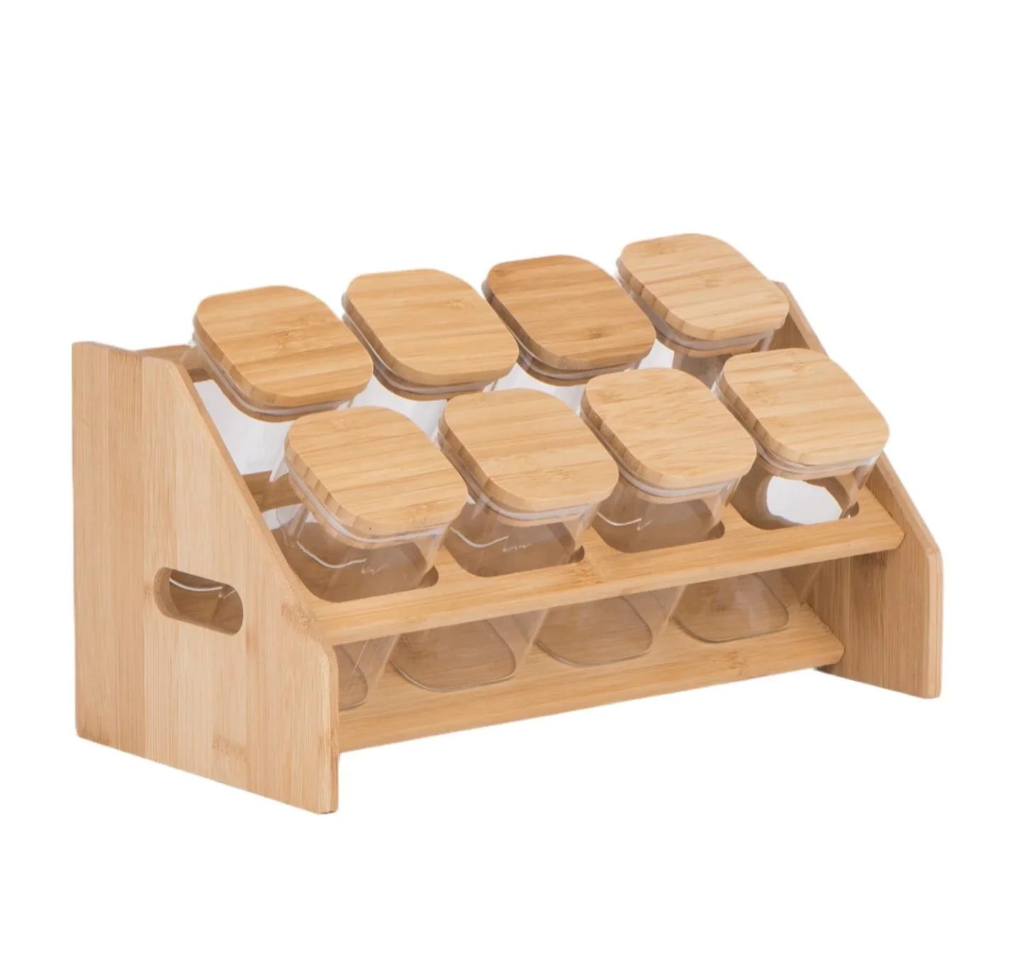 8pcs Square Borosilicate Glass Spice Jar Set – 300ml with Bamboo Lids, Rack, Labels & Pen - Image 3