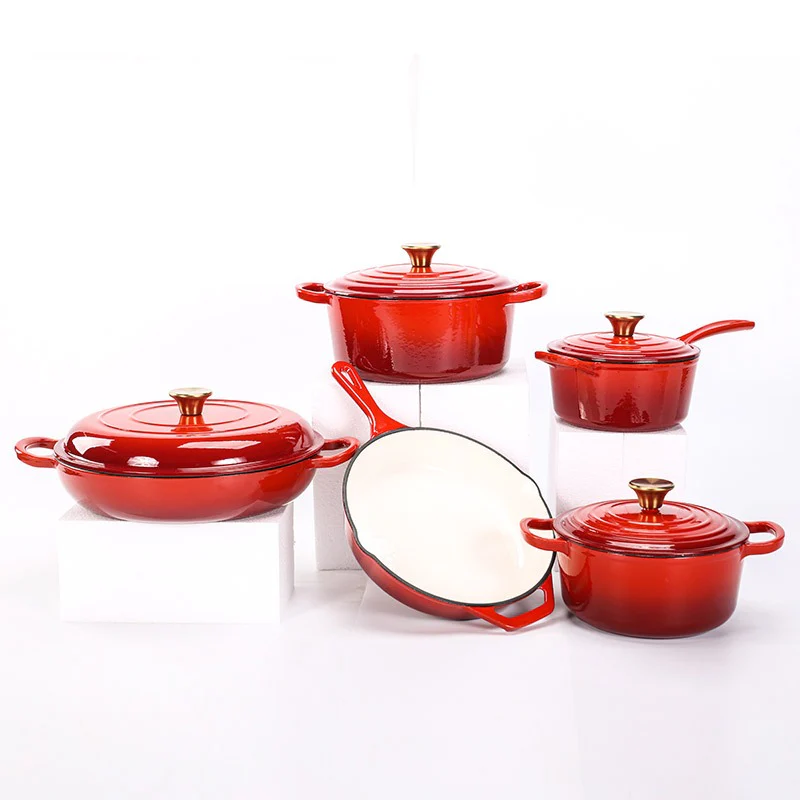 Enamel Cast Iron Cooking Pot Set Durable Heavy Duty Cookware with Lids - Image 3
