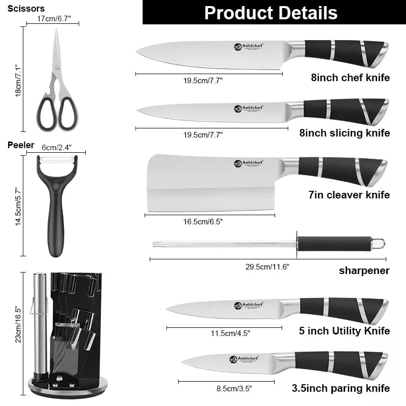 9-Piece Stainless Steel Kitchen Knife Set with Acrylic Block, Shears & Sharpener - Image 3