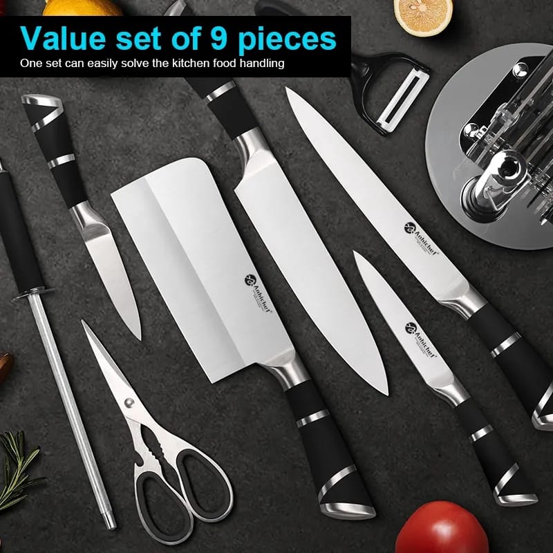 9-Piece Stainless Steel Kitchen Knife Set with Acrylic Block, Shears & Sharpener - Image 5