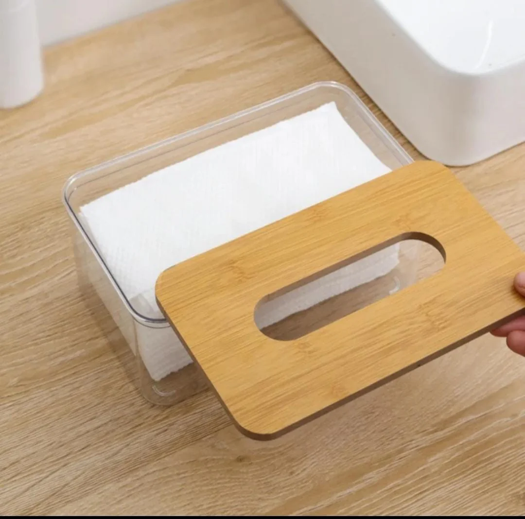 Acrylic transparent serviette holder with bamboo cover. - Image 2