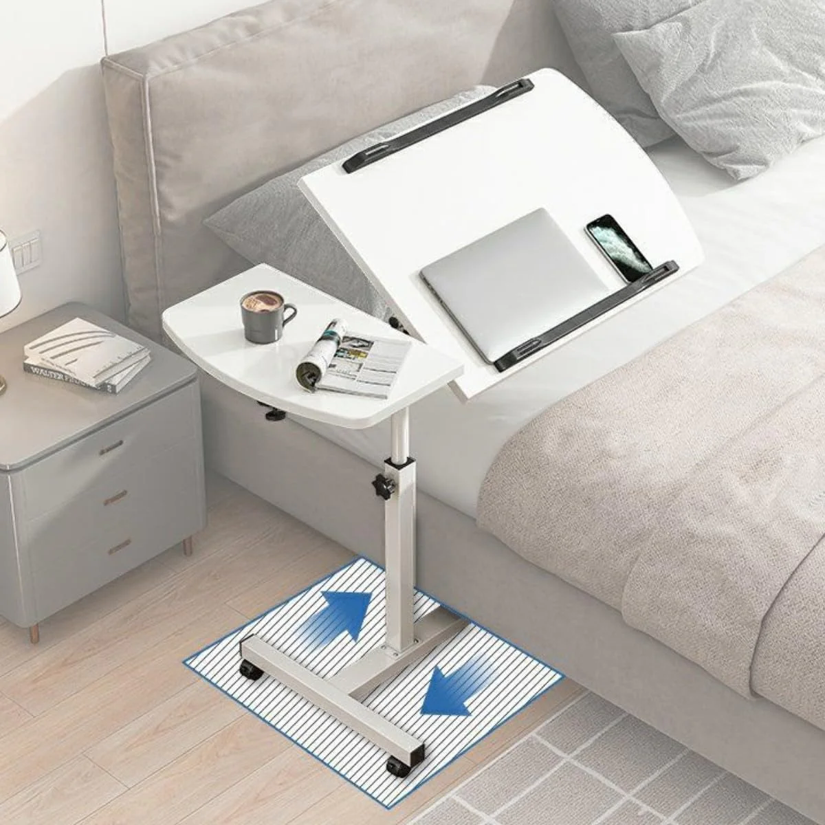 Adjustable Overbed Laptop Table with Wheels Rolling Bedside Desk - Image 4