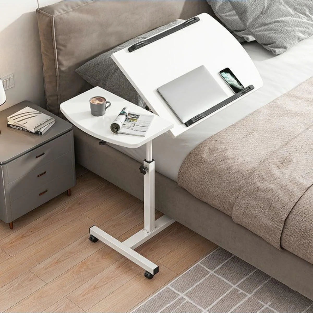 Adjustable Overbed Laptop Table with Wheels Rolling Bedside Desk - Image 6