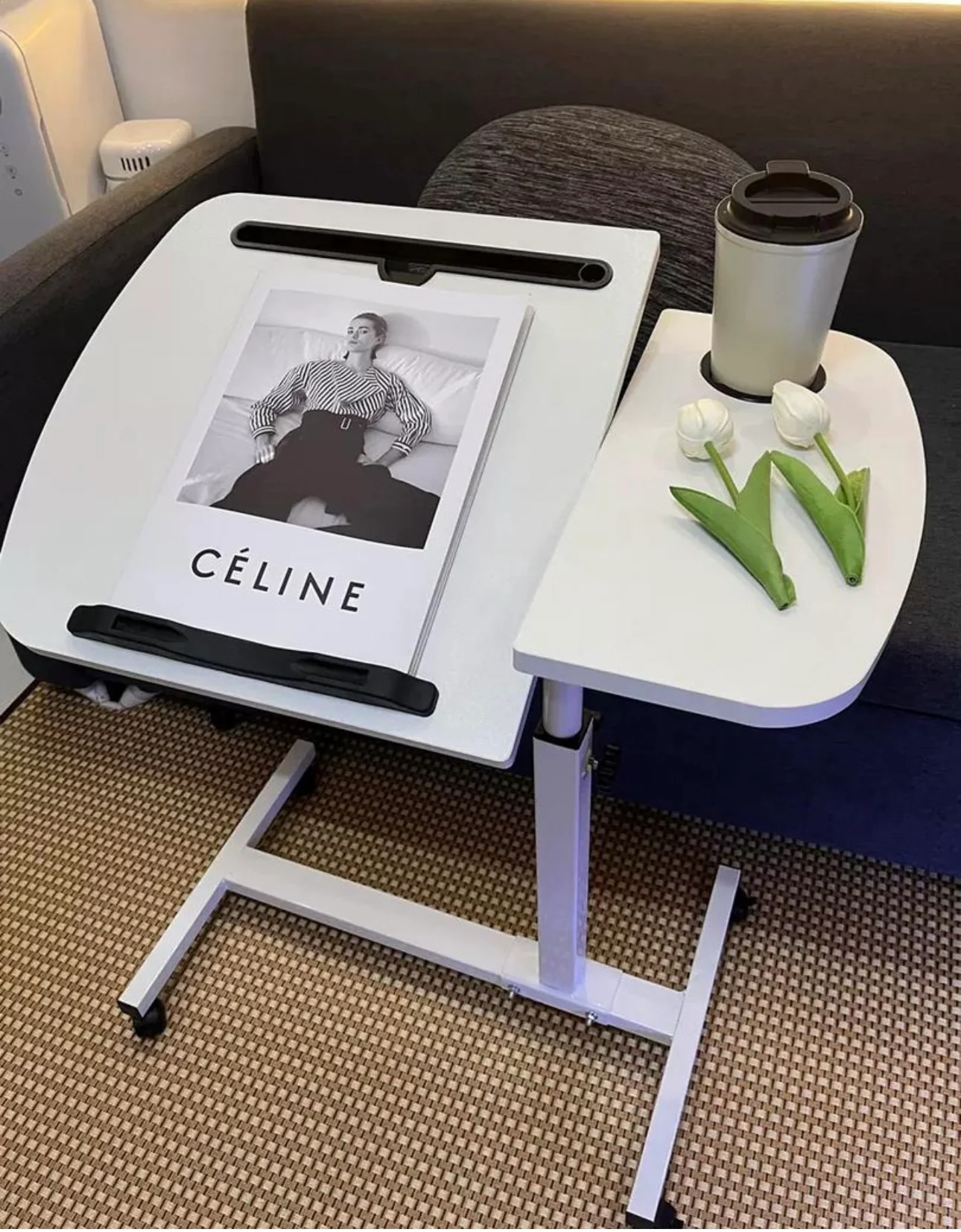 Adjustable Overbed Laptop Table with Wheels Rolling Bedside Desk - Image 8