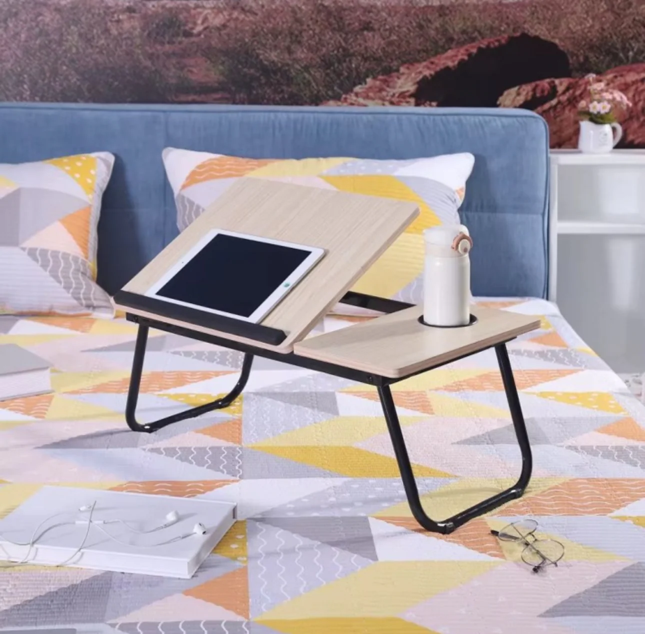 Adjustable Tilting Laptop Folding Table Stand Desk Bed Table with Foldable Legs for Laptop and Writing, Computer Tray with Cup Slot for Working, Reading on Bed - Image 9