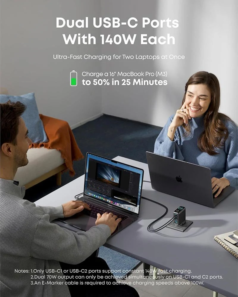 Anker 140W 4-Port GaN Laptop & Multi-Device Charger – Dual USB-C PD 3.1, HD Display, UK Plug - Image 3