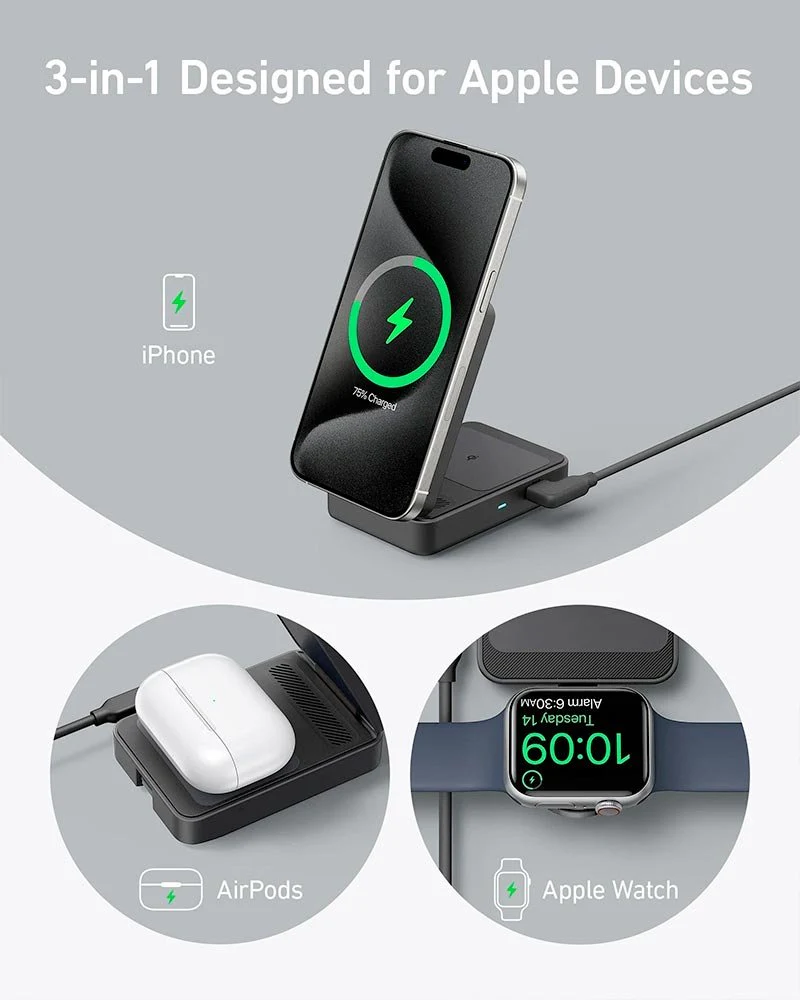 Anker MagGo 15W Qi2 Foldable 3-in-1 Wireless Charging Station – 40W USB-C Charger & 5ft Cable Included - Image 5