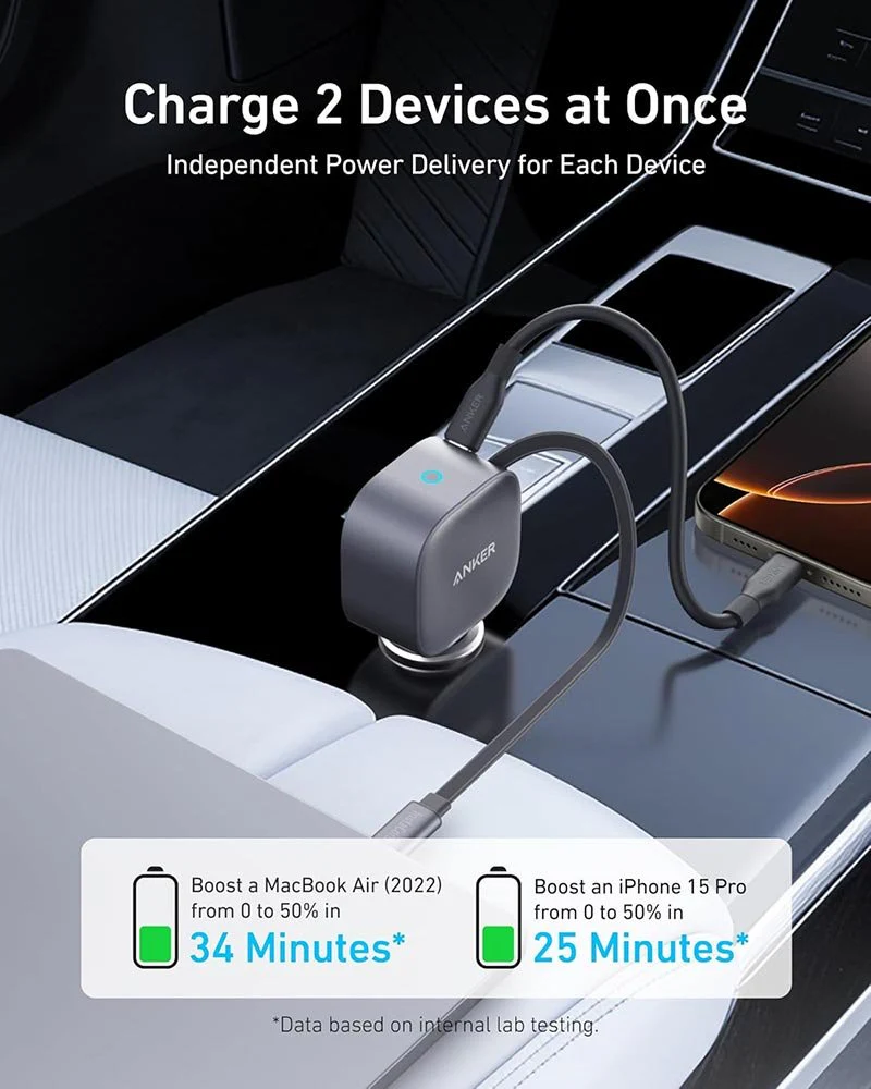Anker Nano Car Charger 75W – USB-C with Built-in Retractable USB-C Cable, Fast Car Phone Charger - Image 3