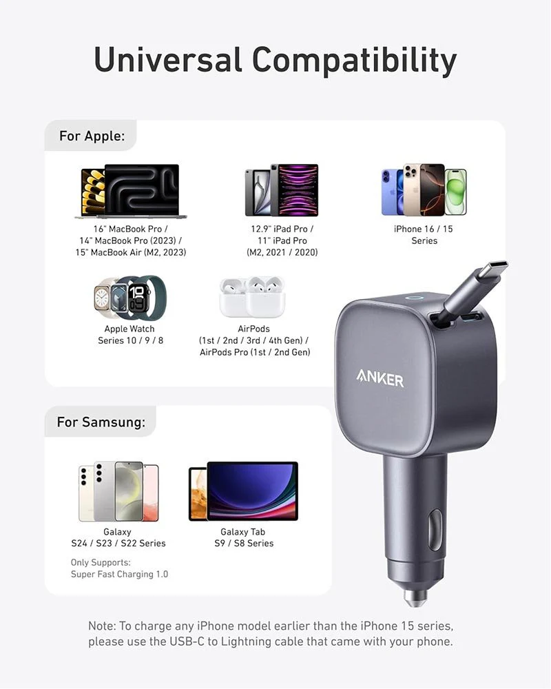 Anker Nano Car Charger 75W – USB-C with Built-in Retractable USB-C Cable, Fast Car Phone Charger - Image 6