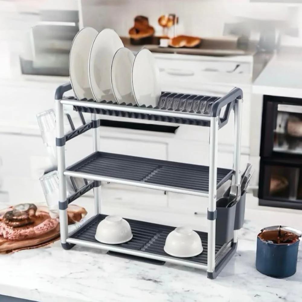 Aluminium Dish Drying Rack Multifunctional Dish Rack, Large Capacity Dish Drainer for Kitchen Counter, Rustproof Dish Drying Rack with Cutlery & Cup Holders - Image 5