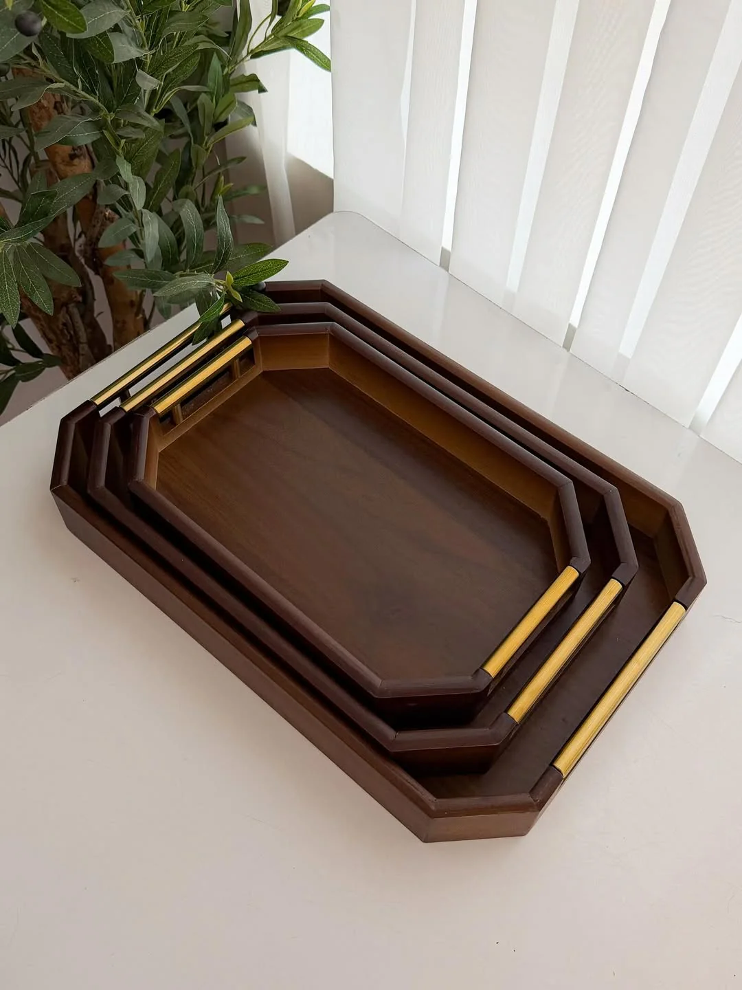 Bamboo Serving Tray Set of 3 – Rectangular with Metal Handles - Image 3