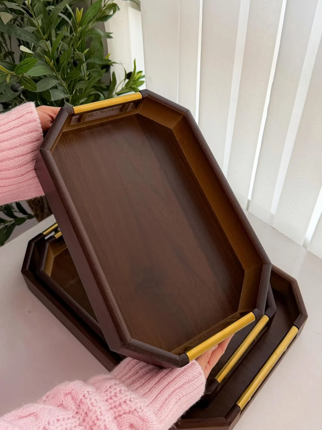 Bamboo Serving Tray Set of 3 – Rectangular with Metal Handles - Image 4