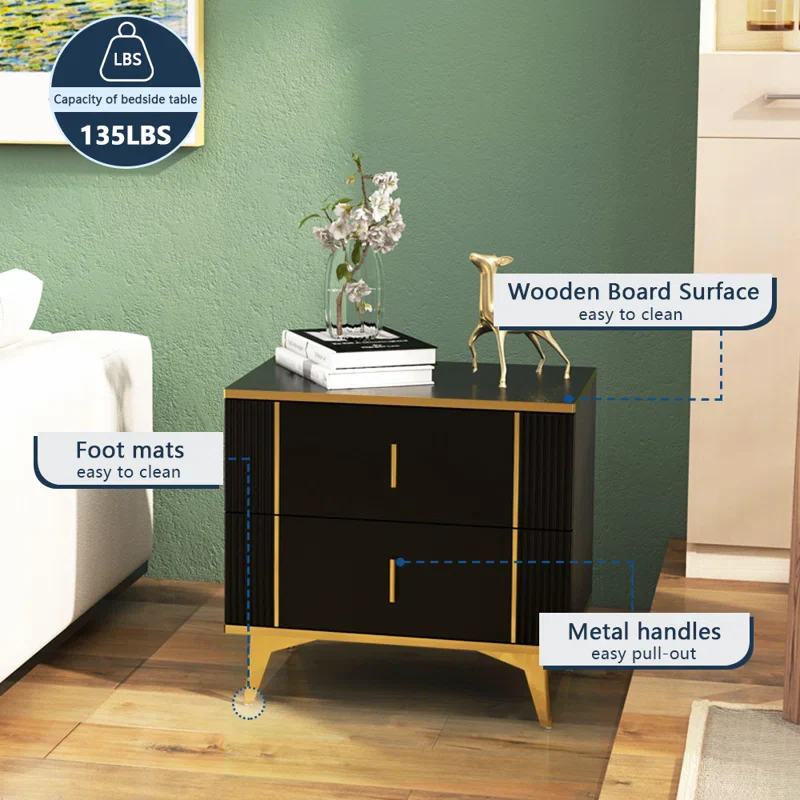 Black Gold Nightstand, Light Luxury Striped Bedside Table with 2 Wooden Drawers - Image 3