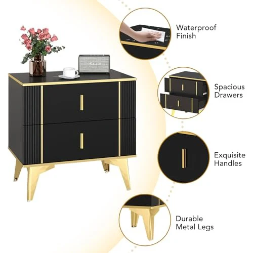 Black Gold Nightstand, Light Luxury Striped Bedside Table with 2 Wooden Drawers - Image 4