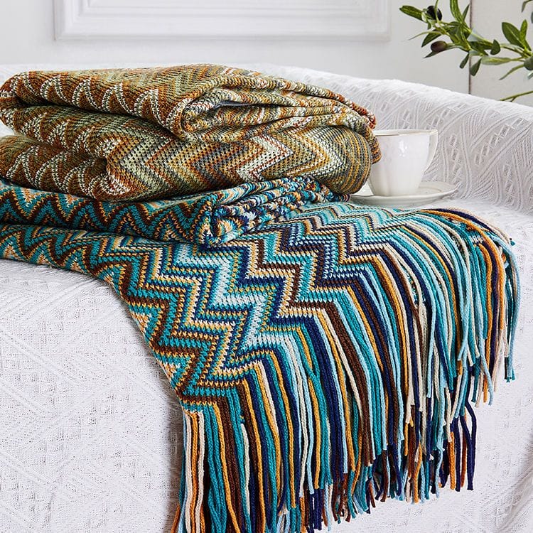 Bohemian Knitted Throw Blanket With Tassel - Image 11