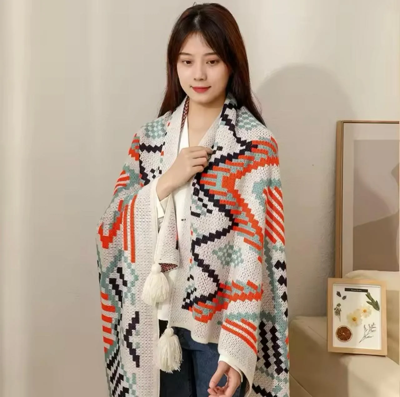 Boho Throw Blanket, Knitted Brown Tassel Throw Blankets - Image 2