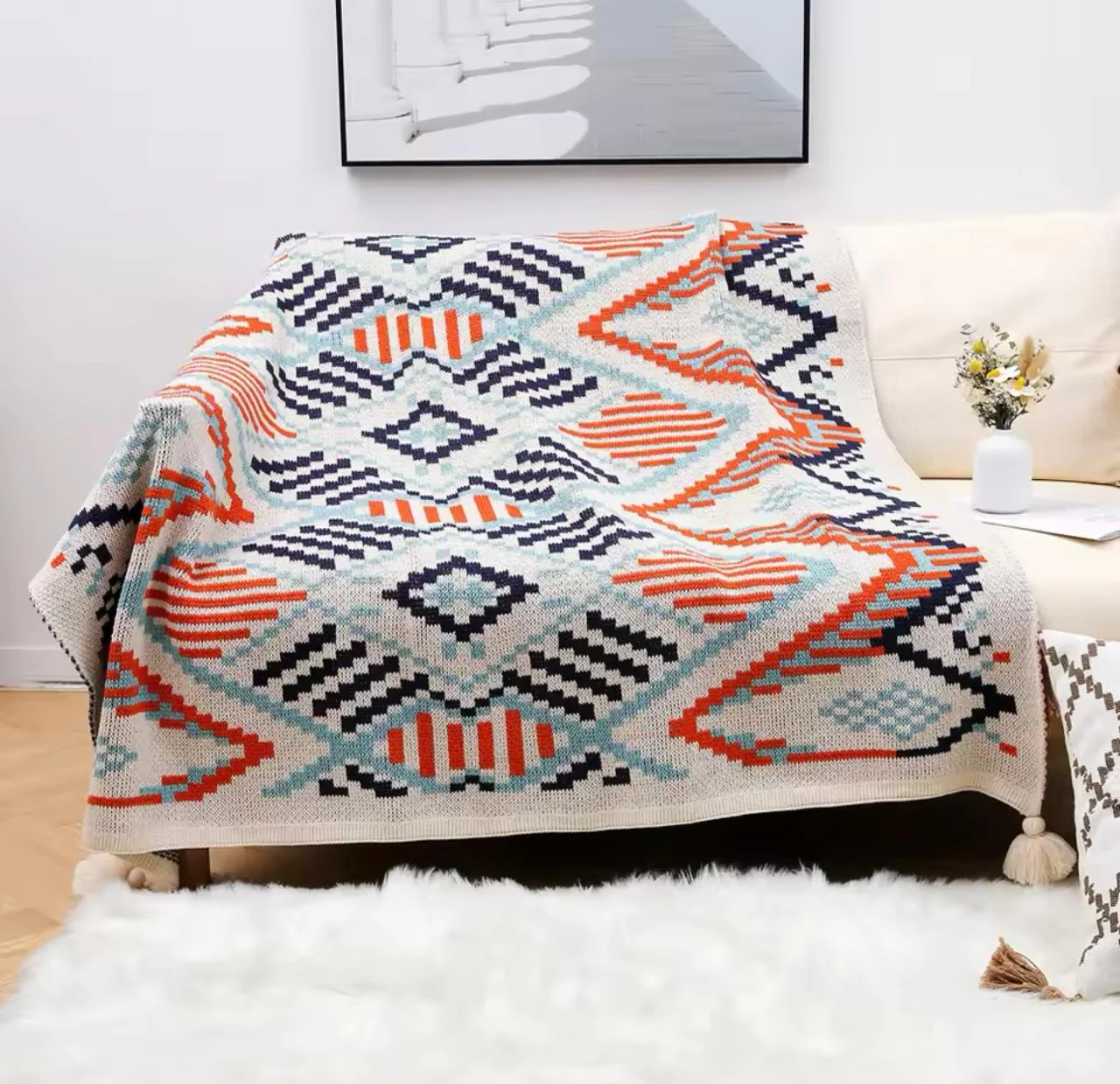Boho Throw Blanket, Knitted Brown Tassel Throw Blankets - Image 3