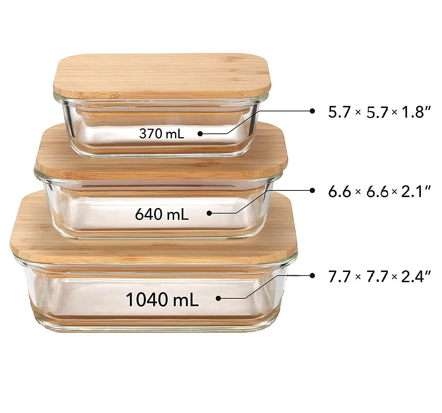 Borosilicate Glass Food Storage Containers with Wooden Lid, 3 pcs Set, Borosilicate Glass, Rectangle Shape, Transparent, Microwave Safe, 370ml, 640ml,1050ml - Image 2
