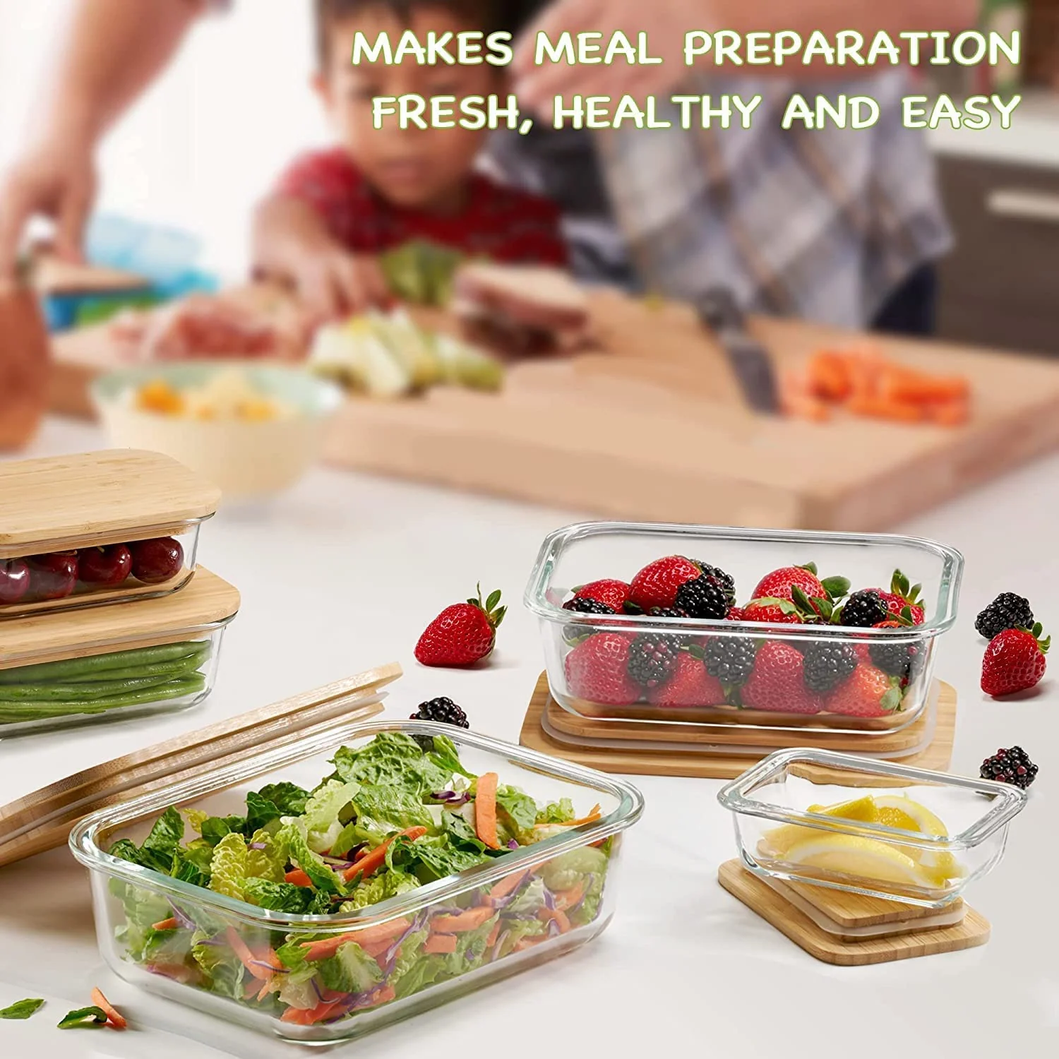 Borosilicate Glass Food Storage Containers with Wooden Lid, 3 pcs Set, Borosilicate Glass, Rectangle Shape, Transparent, Microwave Safe, 370ml, 640ml,1050ml - Image 3